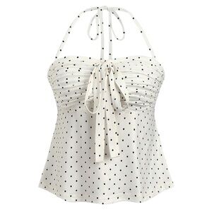 Y2K Flowy Polka Dot Halter Camisole Top - White with Black Dots